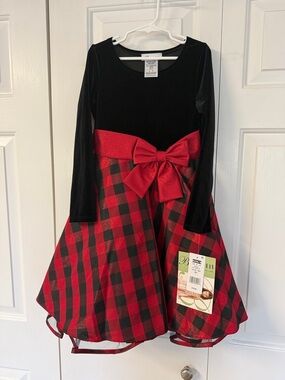 Bonnie Jean Black Velvet Top Red and Black Plaid Holiday Dress with Bow